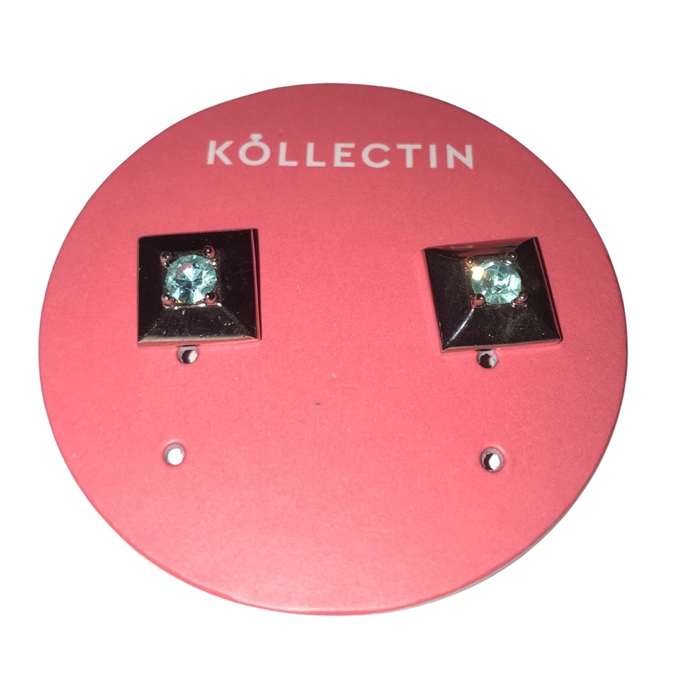 NWOT | Kollectin Silver-Toned Square Earrings w/ Sky Blue Rhinestones
